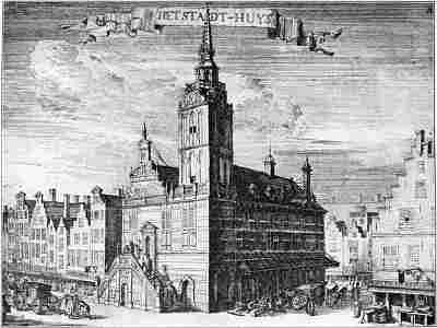 Het Stadhuis aan de voorzijde in de 17de eeuw.
