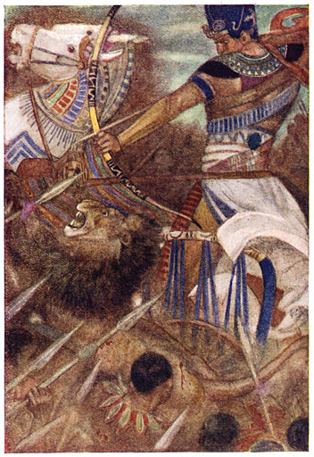 Ramses II door een leeuw vergezeld.