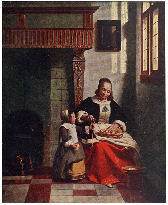 “INTERIOR WITH WOMAN PEELING APPLES.” from an oil painting by PIETER DE HOOCH.