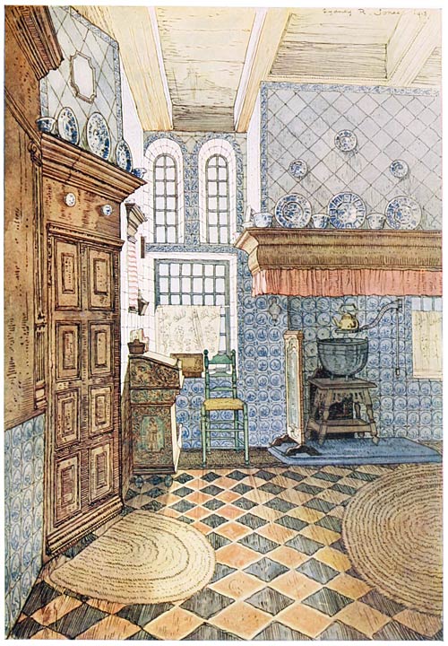 HINDELOOPEN ROOM AT THE FRISIAN MUSEUM, LEEUWARDEN. from a water color drawing by SYDNEY R. JONES.