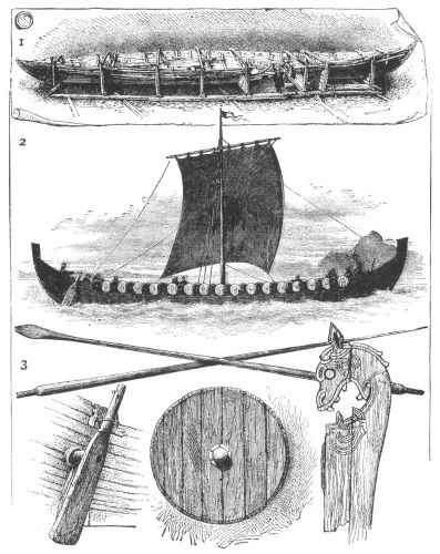 1.—SIDE VIEW OF THE GOGSTAD VIKING SHIP. 2.—VIKING SHIP RESTORED. 3.—DETAILS OF VIKING SHIP.