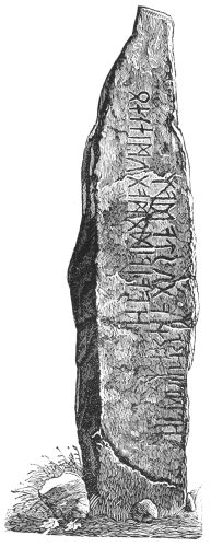 RUNESTONE FROM STRAND IN RYFYLKE. THE INSCRIPTION WHICH IS IN THE OLDEST NORSE RUNES READS AS FOLLOWS: I, HAGUSTALD, BURIED IN THIS HILL MY SON, HADULAIK.