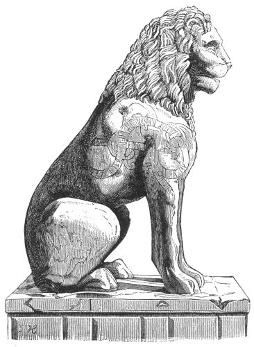 MARBLE LION FROM THE PIRÆUS, REMOVED IN 1687 TO VENICE, WHERE IT NOW STANDS AT THE ENTRANCE TO THE ARSENAL. THE RUNIC INSCRIPTION, CUT BY SOME VARANGIAN, IS NOW HALF EFFACED AND ILLEGIBLE.