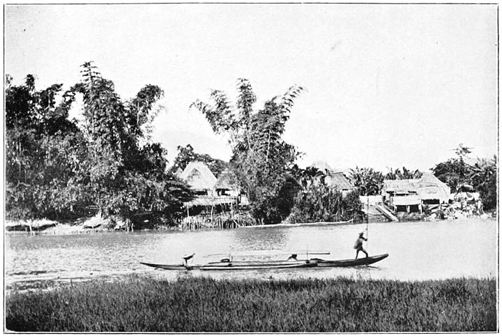 View on the Pasig with Bamboos and Canoe.