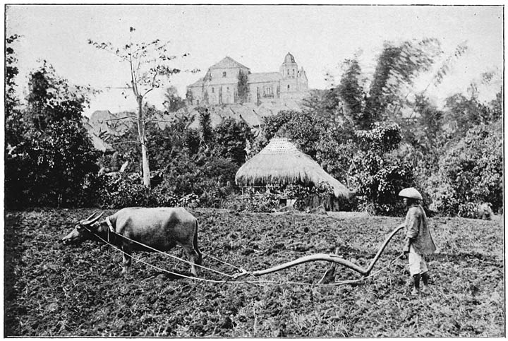 Carabao harnessed to native Plough—Ploughman, Village, and Church.