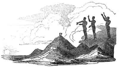 Three figures on hill-top saluting sunrise