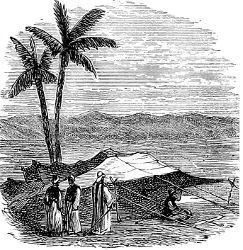 (Drawing of men next to a tent)