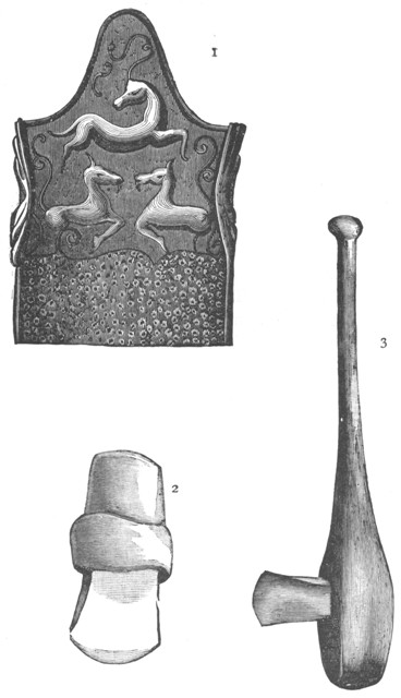 (1) DECORATION ON SWORD HILT; (2 AND 3) STONE CELTS, FOUND IN SWISS LAKE DWELLINGS. (Copied by permission from "Harper's Magazine.")