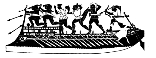 Galley showing deck and superstructure. About 600 B.C. From an Etruscan imitation of a Greek vase.