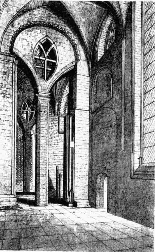 Illustration: NORTH ARCH OF CENTRAL TOWER, SHOWING MASONRY ERECTED ABOUT 1320.