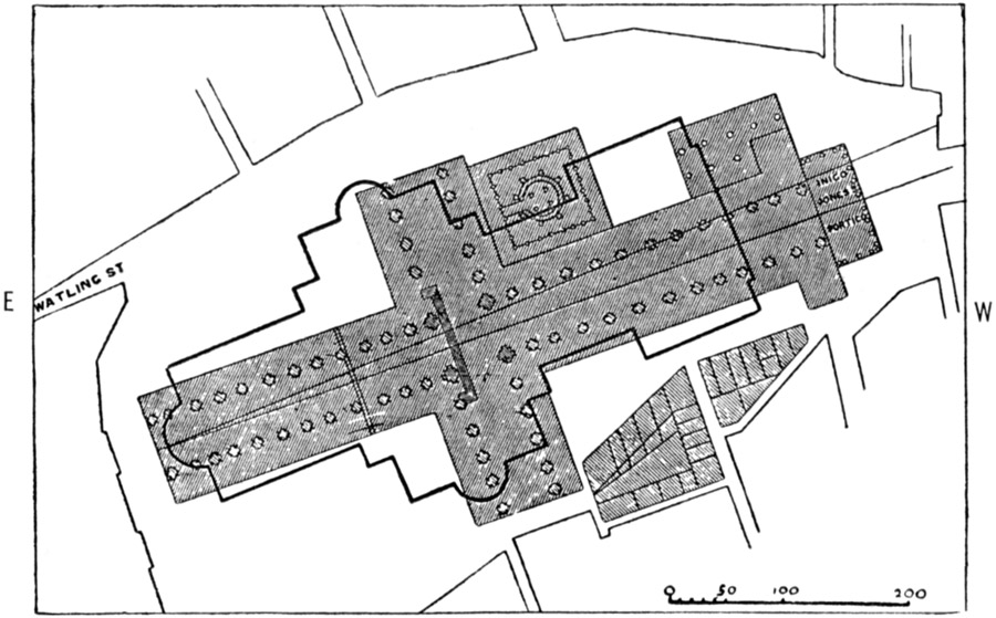 Relative Position and Area of the Ground-Plans of Old and New St. Paul's.
