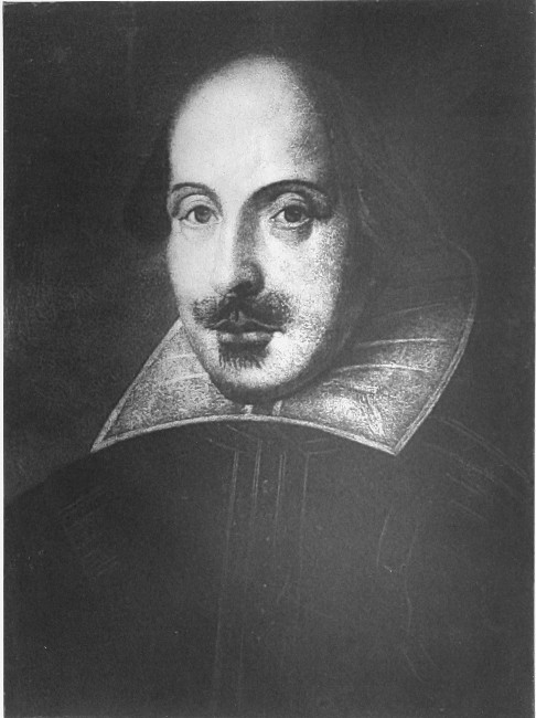 William Shakespeare from the Drocshout painting now in the Shakespeare Memorial Gallery at Stratford-on-Avon.