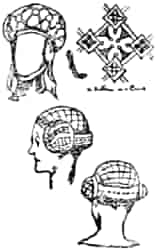 Two types of head-dress for women, showing different views and a detail
