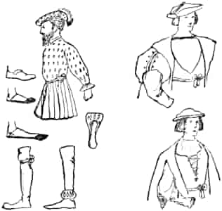 Three men of the time of Henry VIII. (torso only); three types of shoe; two types of boot; a cod-piece