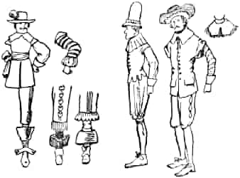 Three men of the time of the Cromwells; a type of sleeve; two types of breeches and boot; a type of collar