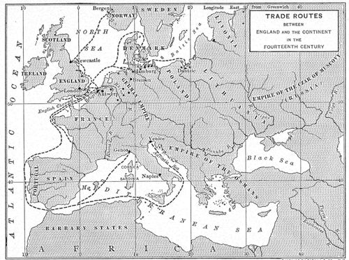 Trade Routes Between England And The Continent In The Fourteenth Century Engraved By Bormay And Co., N.Y.