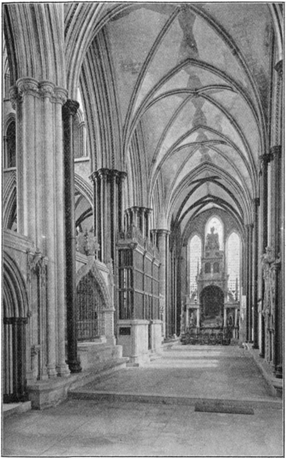 SOUTH CHOIR AISLE, SHOWING THE HUNGERFORD CHAPEL.