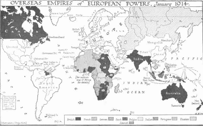 Map: OVERSEAS EMPIRES of EUROPEAN POWERS, January 1914