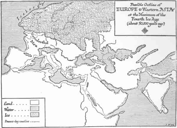 Map: Possible Outline of Europe and Western Asia at the Maximum of the Fourth Ice Age (about 50,000 years ago)