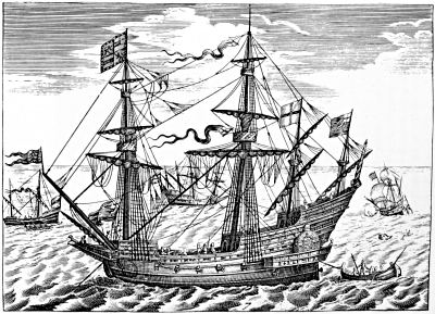 AN ELIZABETHAN WAR-SHIP; A PINNACE BEYOND, TO THE LEFT