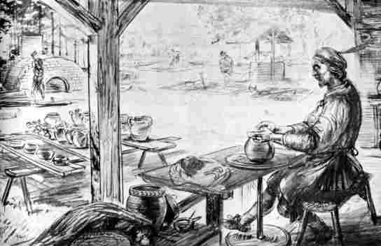 [Illustration: Making pottery at Jamestown. (Conjectural sketch by Sidney E. King.)]