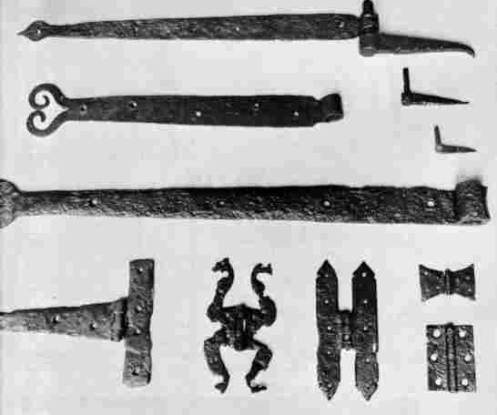[Illustration: A few 17th-century handwrought hinges in the Jamestown collection.]