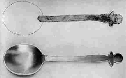 [Illustration: The pewter spoon handle at the top, unearthed at Jamestown, is the oldest dated piece of American pewter in existence. It was made by Joseph Copeland of Chuckatuck, Va., in 1675. The spoon on the bottom is a conjectural restoration of Copeland’s specimen.]