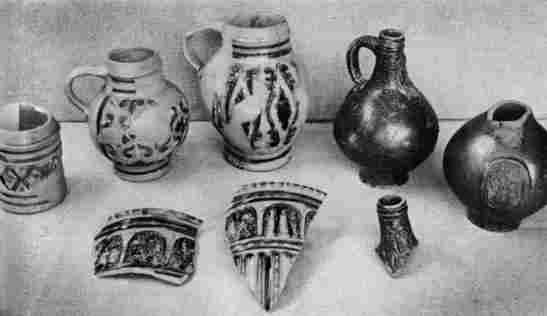 [Illustration: A few examples of German salt-glazed stoneware in the Jamestown collection. All were made during the 17th century.]