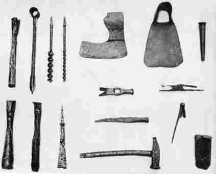 [Illustration: An assortment of carpenters’ tools unearthed at Jamestown. Most of them were used over three centuries ago.]