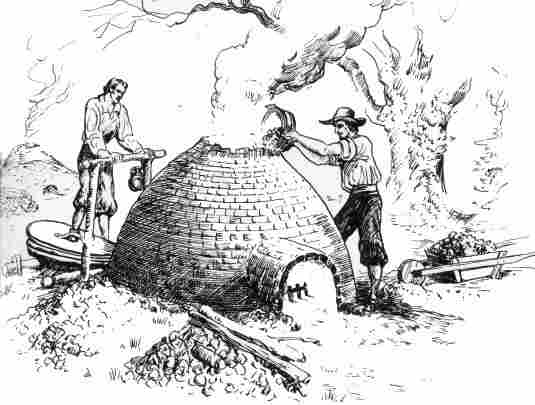 [Illustration: Making “trialls” of iron. Evidences of an earth oven or small furnace were discovered at Jamestown during archeological explorations. Small amounts of iron may have been smelted in the furnace during the early years of the settlement. (Conjectural sketch by Sidney E. King.)]