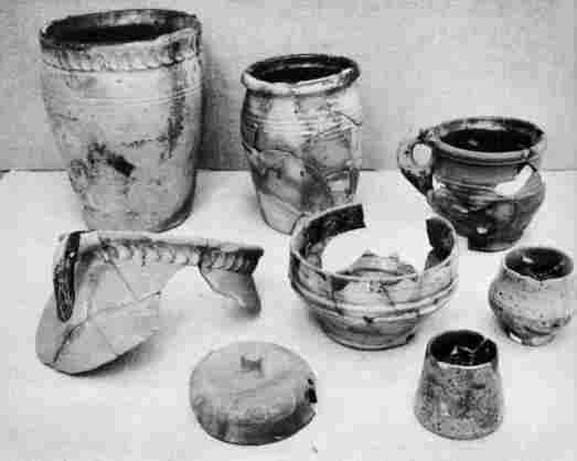 [Illustration: Earthenware vessels made at Jamestown between 1625 and 1640. The site of an early 17th-century pottery kiln was discovered on the island in 1955.]