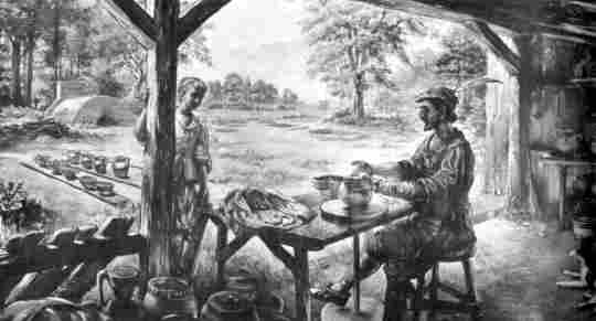 [Illustration: Making pottery at Jamestown, about 1625-40. (Painting by Sidney E. King.)]