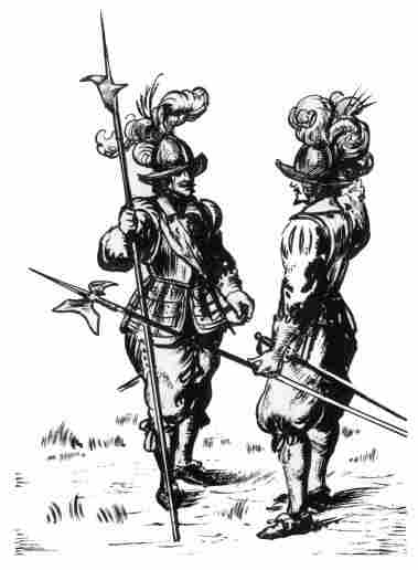 [Illustration: Jamestown soldiers carrying polearms (a halberd and a bill). (Conjectural sketch by Sidney E. King.)]