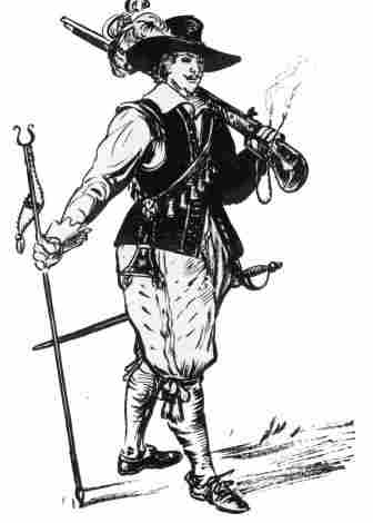 [Illustration: A Jamestown sentry on duty shouldering his heavy matchlock musket. (Conjectural sketch by Sidney E. King.)]