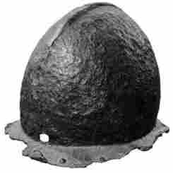 [Illustration: A heavy siege helmet found 4 miles downriver from Jamestown. Weighing over 8 pounds, it was one type used in Europe during the early years of the 17th century.]