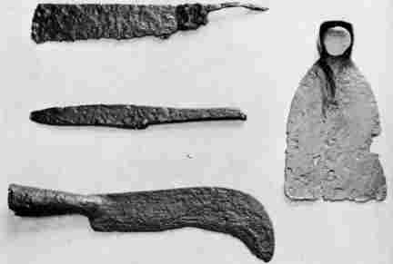 [Illustration: Tools used in the cultivation of tobacco over 300 years ago. These tools—hoe, billhook, and cutting knives—were excavated at Jamestown.]