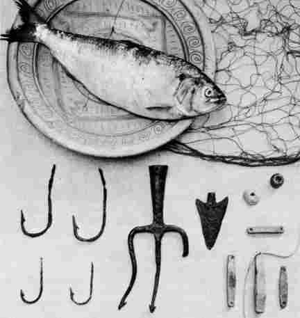 [Illustration: A few of the many artifacts relating to fishing unearthed at Jamestown: fishhooks, fish-gigs, and lead net weights.]