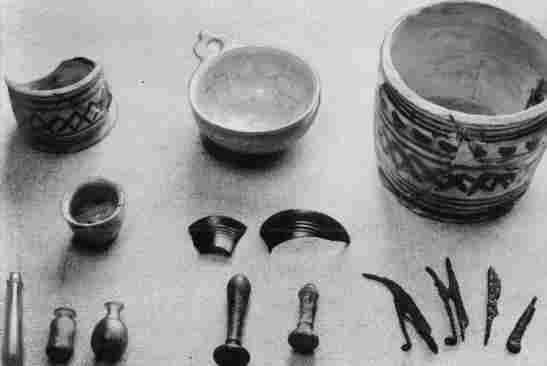 [Illustration: A few items unearthed at Jamestown which were used by doctors and apothecaries. Included are drug jars, ointment pot, bleeding bowl, mortar and pestle fragments, glass vials, and portions of surgical instruments.]