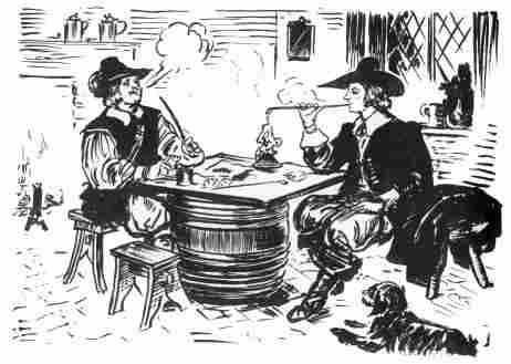 [Illustration: Enjoying a smoke in a tavern, about 1625. (Conjectural sketch by Sidney E. King.)]