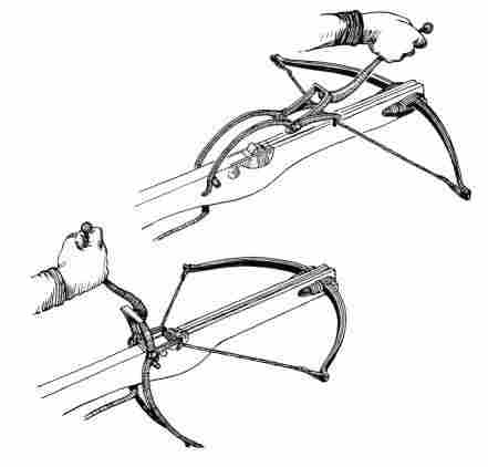 [Illustration: Archeological explorations revealed that the colonists enjoyed archery. The iron lever shown, known as a “goat’s foot,” was used for setting the string of a light hunting crossbow. It was found 4 miles from Jamestown. Illustration showing the use of a “goat’s foot” from _Weapons, A Pictorial History_ by Edwin Tunis.]
