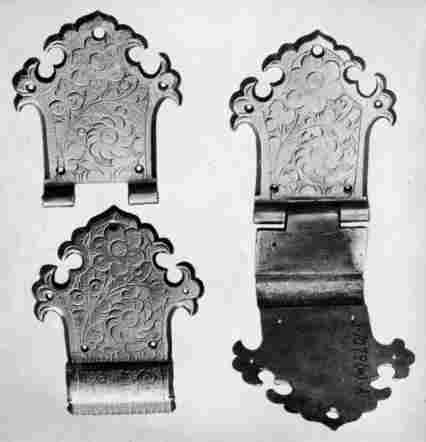 [Illustration: Decorated brass book clasps found near Jamestown which may have been used on an early Bible or prayer book]