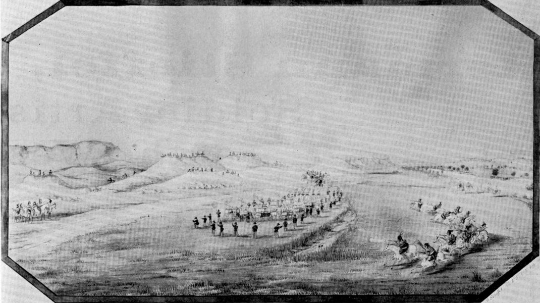Figure 2.—Attack on General Marcy's train near Pawnee Fort, Kansas, September 23, 1867. The train was escorted by Company K, 5th U.S. Infantry, Brevet Major D. H. Brotherton commanding. (USNM 384185; Smithsonian photo 38986-A.)