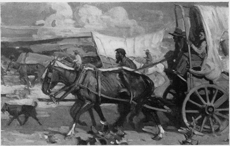 Pioneers and a Conestogal Wagon or Prairie Schooner