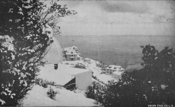 LOWE OBSERVATORY, With Hotel and Buildings on Echo Mountain, Mount Lowe Railway, after a Snow Fall.