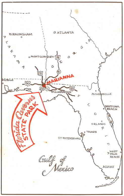 Map showing principal highways leading to Marianna, home of Florida Caverns State Park.